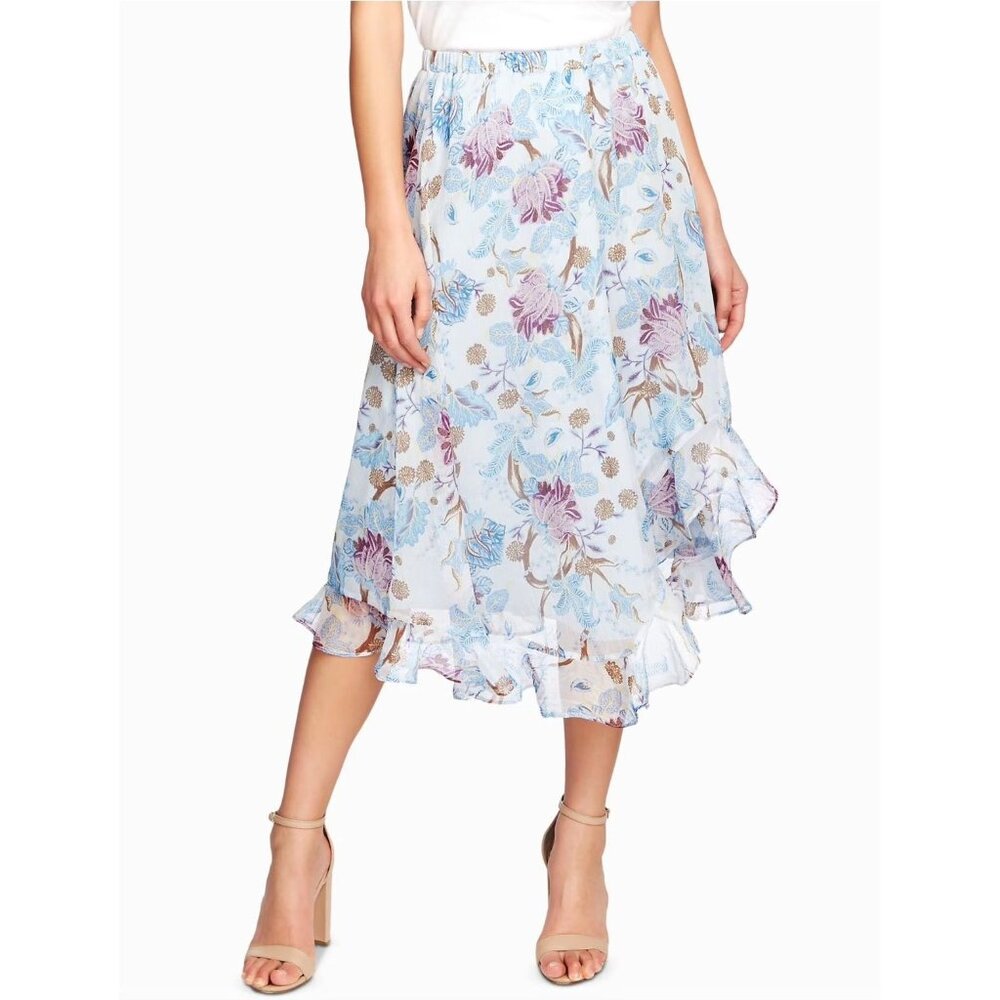 Vince Camuto Womens Blue Ruffled‎ Asymmetric Floral Chiffon Long Skirt Size XS